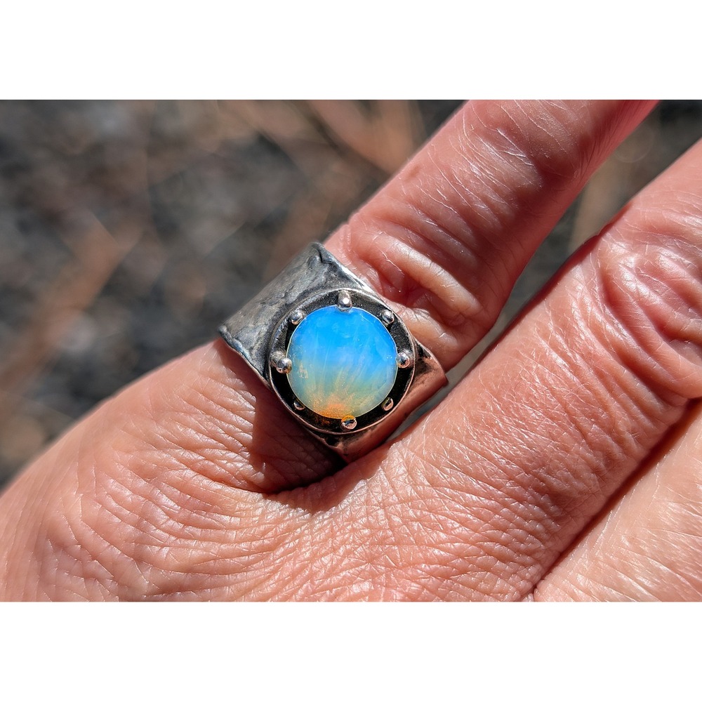 Handcrafted Silver Opalite Ring Brutalist Thick Band sz 8 ***